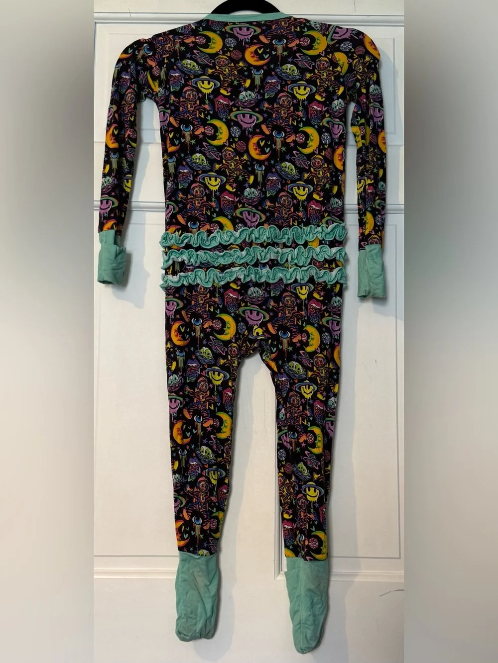 3BB Black Space Print Ruffle One-Piece Pajamas